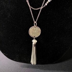 Sparkling Disc Pendant Tassel Layered‎ Chain Necklace Silver Tone Rhinestone